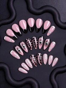 24片/套杏仁形短指甲，镀铬银色法式美甲贴片，饰有不规则金属液体图案，融合豹纹和心形元素，内含粘性标签，可重复使用，可佩戴，美甲贴片，美甲用品，适合女孩/女士日常佩戴、节日、春季美甲。 - 彩色 - 查看 3