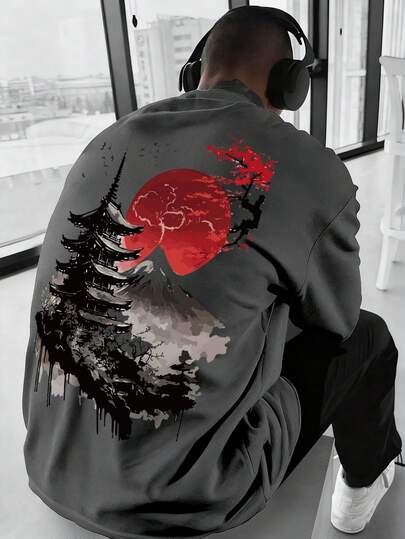 Herren Lässig Vintage Stil bedrucktes Rundhals Langarm T-Shirt, vielseitig für den Herbst