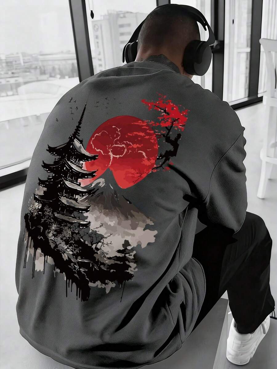 Men's Casual Vintage Style Printed Round Neck Long Sleeve T-Shirt, Versatile For Autumn - Dark Grey - View 1