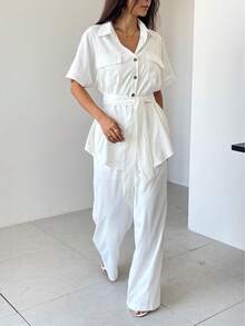 Women's Elegant Turndown Collar Solid Color Loose Fit Single Breasted Short Sleeve Jumpsuit, Casual Summer - White - View 4