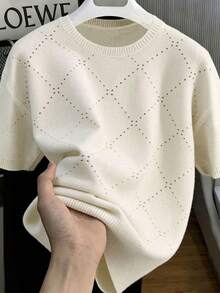 男士圆领毛衣一件，休闲通勤街头时尚百搭修身户外简约日常穿着慢跑针织衫，春秋季 - 杏色 - 查看 1