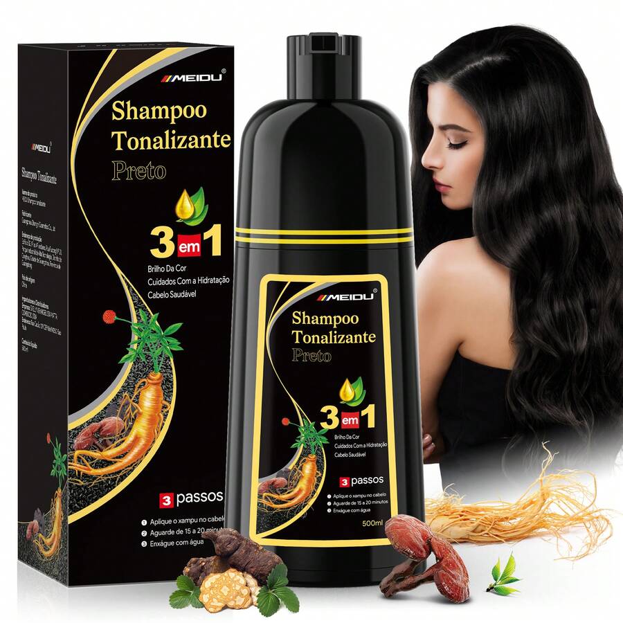 IIIMEIDU MEIDU Hair Dye, 500ml, Unisex Shampoo And Dye, 3 In 1 Long-Lasting, Effectively Covers Gray Hair, Contains Ginseng, Ginger, Black Sesame And Other Extracts For Hair Care, Suitable For All Hair Types. - 黑色 - 查看 1