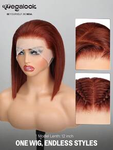 MEGALOOK 14英寸红棕色波波头假发，100%真人发，透明蕾丝，13x4蕾丝前额假发，#33色真人发直发波波头假发 - 自然逼真，适合日常佩戴，可打造办公室、僵尸新娘、万圣节、派对、Y2K风格、度假、户外角色扮演、校园、学校假期、圣诞节、派对、婚礼、节日等各种场合，适合女性佩戴。 - S33 - 查看 5