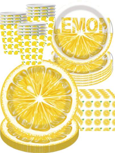50Pcs Refreshing Summer Lemon Slice Themed Party Supplies Set - Vibrant Yellow Lemon, Citrus Fruit & 'LEMON' Print Pattern Disposable Paper Plates Cups & Napkins | Festive Tableware For Summer Picnic Gatherings, Lemon-Themed Birthday Parties, Bridal Showers & Outdoor BBQ Events | Bright Lemon Slice & Whole Fruit Decor With Fresh Citrus Aesthetic For Party Favors, Home Summer-Themed Decoration & Special Occasion Essentials