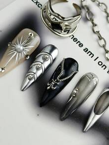 10片哥特朋克金属巴洛克风格亮银色、黑色、白色假指甲，DIY手工法式尖头哑光亮面美甲贴纸美甲用品 - 黑色 - 查看 9
