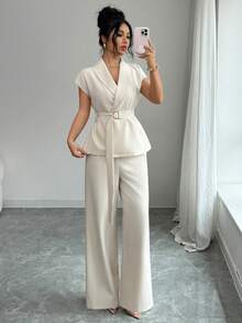 Women's Elegant Tie-Front Sleeveless Top And Wide-Leg Pants Set, Made Of Non-Stretch Fabric, Suitable For Spring/Summer Wear - Apricot - View 8