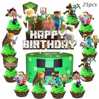 Minecraft Cake Topper Flags, Pixel War Cake Cards, Birthday Party Cake Decorations Card Set, Suitable For Cakes, Birthdays And Parties