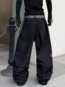 1 pieza Jeans de pierna ancha con bordado de estilo callejero de moda para hombres, suelto y cómodo, versátil para todas las estaciones (No se incluye cinturón ni accesorios) - Negro - Ver 9