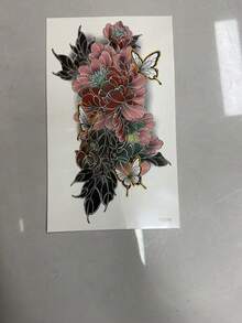 1张牡丹花临时纹身贴纸，水彩扎染金属线条，优雅暗黑设计，适用于手臂、腰部、腿部等身体部位，防水防汗，持久耐用，非常适合节日、派对、送礼等场合。 - 粉色 - 查看 5