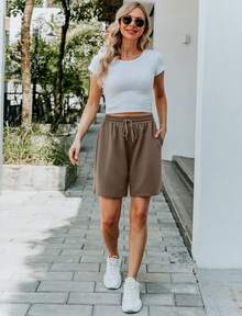 Women's Sweat Shorts Bermuda Long Shorts Athletic Casual Loose Shorts (Available In Plus Size) - màu nâu - Xem 4