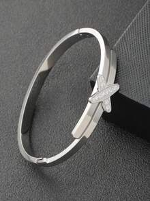 1 件不锈钢 18K 镀金时尚奢华交叉英文字母 X 镶嵌人造锆石扣手镯，个性化百搭手链，适合女性日常派对佩戴，送给女友/挚友的礼物 - 金色 - 查看 8