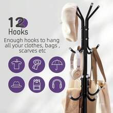 12-Hook Freestanding Coat Rack - Metal Hall Tree Organizer For Hats, Jackets, Bags, And Purses - Black - View 6