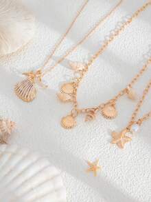 3件套海洋度假风几何链项链，饰有贝壳、海星、扇贝和仿珍珠吊坠，优雅奢华，适合婚礼、派对、海滩、日常休闲、街头风格，女士及情侣礼物 - 金色 - 查看 8