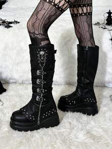 Women's Punk Thick-Soled Knee High Boots Wedge Heel Side Zipper Shoes Belt Buckle With Skull Chain Rivet Decor Fashionable Fall Boots - 黑色 - 查看 8