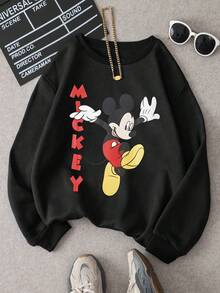 1pc Disney Mickey Mouse Retro Cheerful Pose Print Tween Girls & Boys Vintage Sweatshirt, Skin-Friendly & Easy Care, Perfect For Weekend Outings & Family Trips - 黑色 - 查看 1