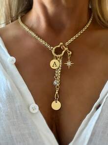 1 PC Collier pendentif lettre A-Z doré, chaîne pendentif étoile octogonale, collier multi-pendentif, chaîne en acier inoxydable, pour le travail, l'usage quotidien, les fêtes, - Or jaune - Voir 25