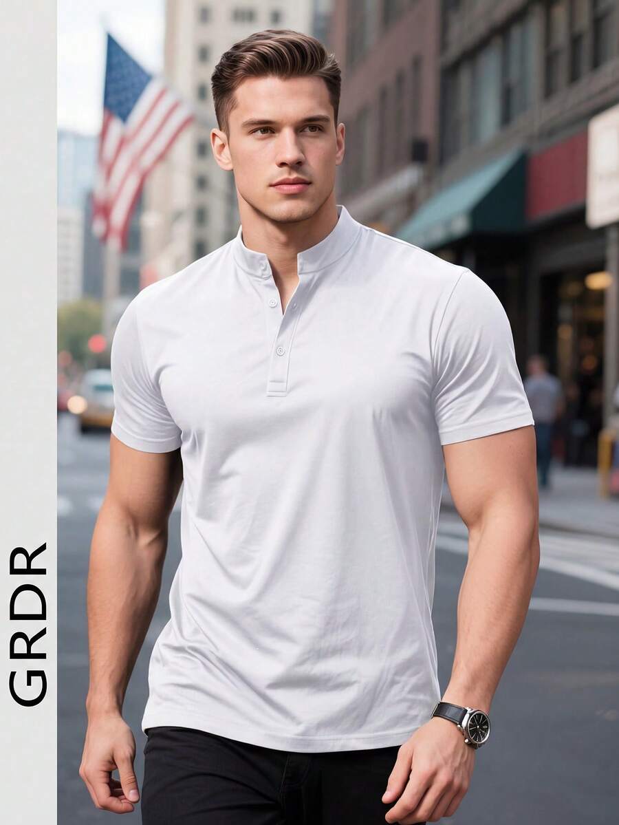 GRDR Men's Summer Casual Henley Neck Short Sleeve T-Shirt - White - View 1