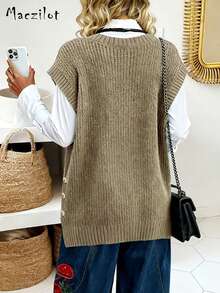 Áo len chui đầu không tay cổ chữ V thoải mái, dáng rộng cho nữ cỡ lớn - Màu Khaki - Xem 4