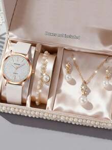 Bộ 5 chiếc đồng hồ nữ thời trang dây thép tròn, mặt tròn đa năng, có thể phối cùng vòng tay, dây chuyền, bông tai và các loại trang sức khác để tạo thành bộ trang sức, phù hợp cho đeo hàng ngày, các sự kiện trang trọng và các dịp khác, là món quà tuyệt vời dành cho phụ nữ. - trắng - Xem 6