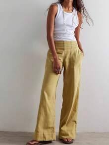Boho Mustard Yellow Wide Leg Pants Women High Waist Utility Pocket Cotton Bottoms Festival Vacation Outfits - 淡黃色 - 查看 1