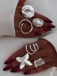 Bộ nhẫn điều chỉnh được, kiểu dáng cổ điển thanh lịch, retro, bất đối xứng, hình học, đường nét nổi bật, cong, chất liệu dày dặn, phong cách Bohemian dành cho nam và nữ, món quà lý tưởng cho bạn bè, gia đình, người yêu, phù hợp cho các bữa tiệc, ngày lễ, đeo hàng ngày (Giao hàng ngẫu nhiên) - Bạc - Xem 8