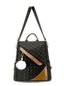 【黑巧克力焦糖格纹双肩包】2026春季新款双肩包、单肩包、手提包，带毛球挂饰，防盗设计，完美适用于办公室、通勤、学校，多功能学院风双肩包、笔记本电脑包、女士包 - A - 查看 10