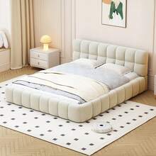 FEEOHOME Bubble Upholstered Bed, 140x190cm, Double Bed With Upholstered Headboard And Slatted Base, Youth Bed, Flat Bed Frame For Bedrooms, Rooms, Apartments, Linen, Without Mattress, Beige - 米色 140x190 - 查看 7