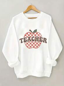 Women's Round-Neck Sweatshirt Teacher Print Pullover Sweatshirt, Autumn And Spring Casual Long-Sleeve Round-Neck Sweatshirt, Women's Clothing Autumn - 白色 - 查看 6