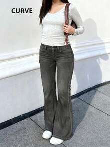 Quần jeans ống loe cỡ lớn dành cho nữ, dáng dài, có túi, cúc, khóa kéo và chất liệu co giãn. - Màu xám đen - Xem 4