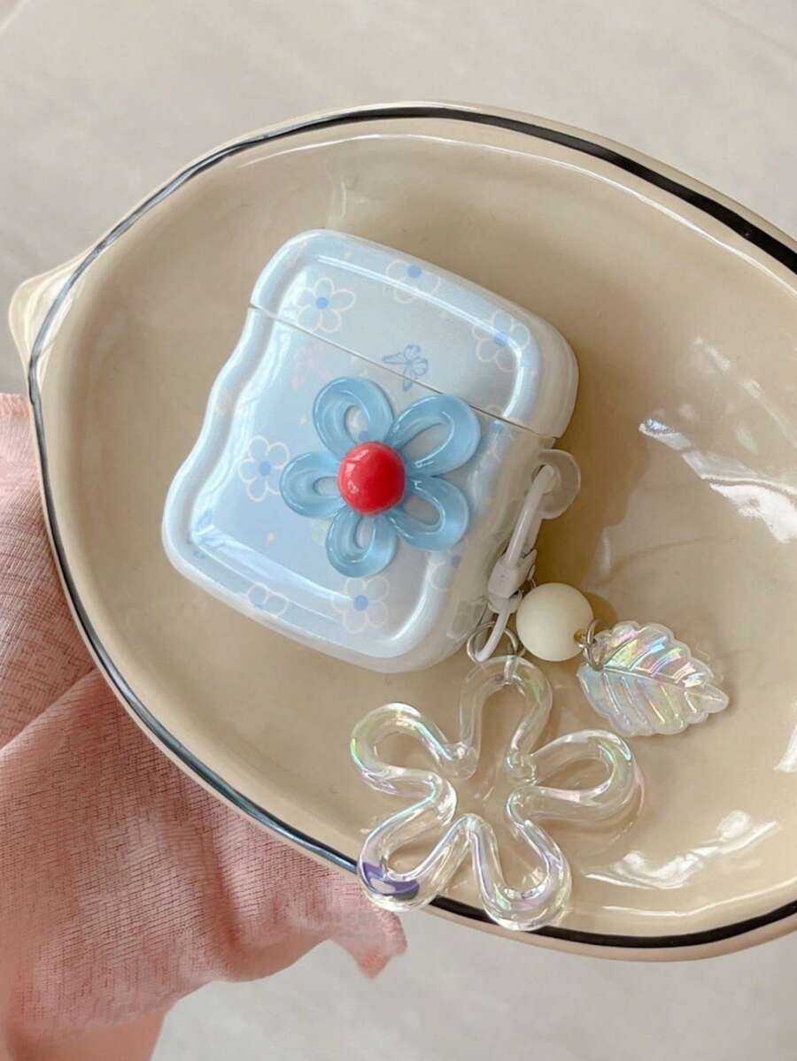1pc Spring Ins Style Minimalist 3D Fresh Flower Decor Suitable For AirPods Pro 2, 4, Apple Wireless Bluetooth Earphones 1/2, New Gen 3 Anti-Drop Earphone Case (Earphones Not Included) - Baby Blue - View 1