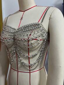 GLOSSMOON Crystal & Resin Beaded Body Chain - Sparkly Fringe Chest Chain - Boho Beach Rave Outfit Accessories For Women GLOSSMOON  Moonlit Crystal Body Chain | Iridescent Mermaid Bra For Festivals | Lightweight Resin Beaded Jewelry - 白色 - 查看 6