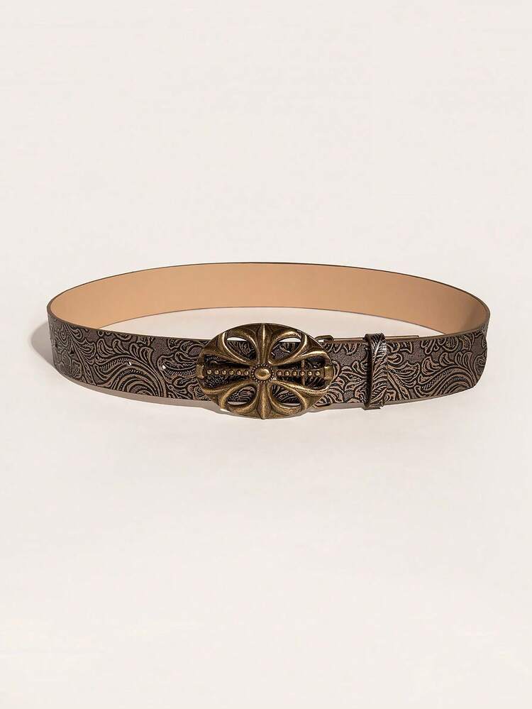 1pc Vintage Floral Embossed Western Cowgirl Style Belt For Women Halloween Summer, School Fall, Autumn, Halloween - màu nâu - Xem 2