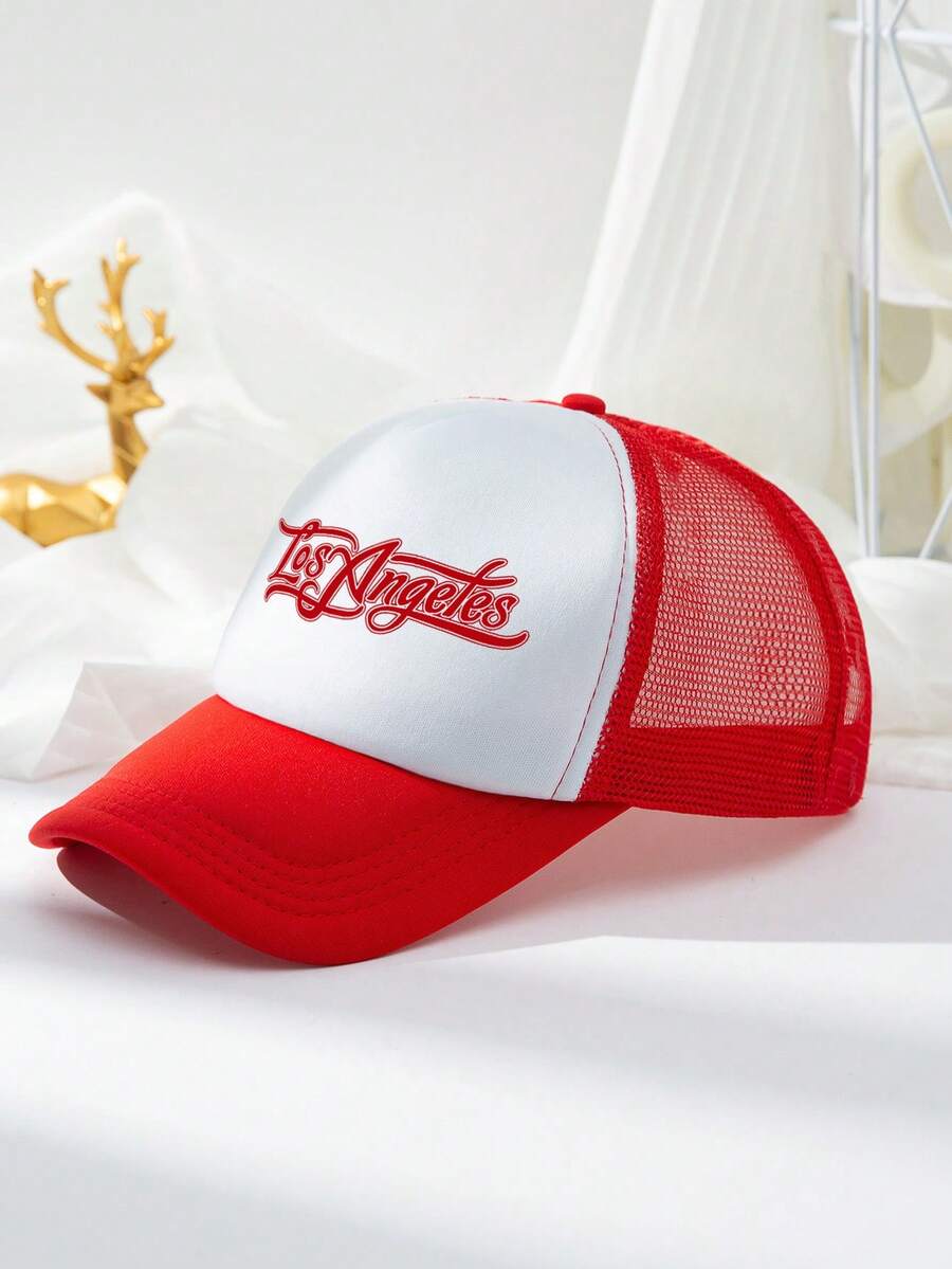 1pc Men's Red & White Artistic Text Print Casual Adjustable Baseball Mesh Cap, Suitable For Outdoor, Travel, Beach, Party, Fishing, Gift,Summer,Holiday - Red and White - View 1