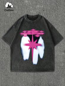 加大码男士新款水洗T恤，纯棉短袖，街头风趣味Emo图案乐队T恤，篮球，平价服装，男士套装，Manfinity，Youngboy Never Broke Again，Friends TV，男士动漫，万圣节加州黑色水洗短袖，字母印花长袖休闲印花白色英文图案T恤，时尚百搭水洗短袖，Y2K风格，适合日常穿着 - 黑色 - 查看 3