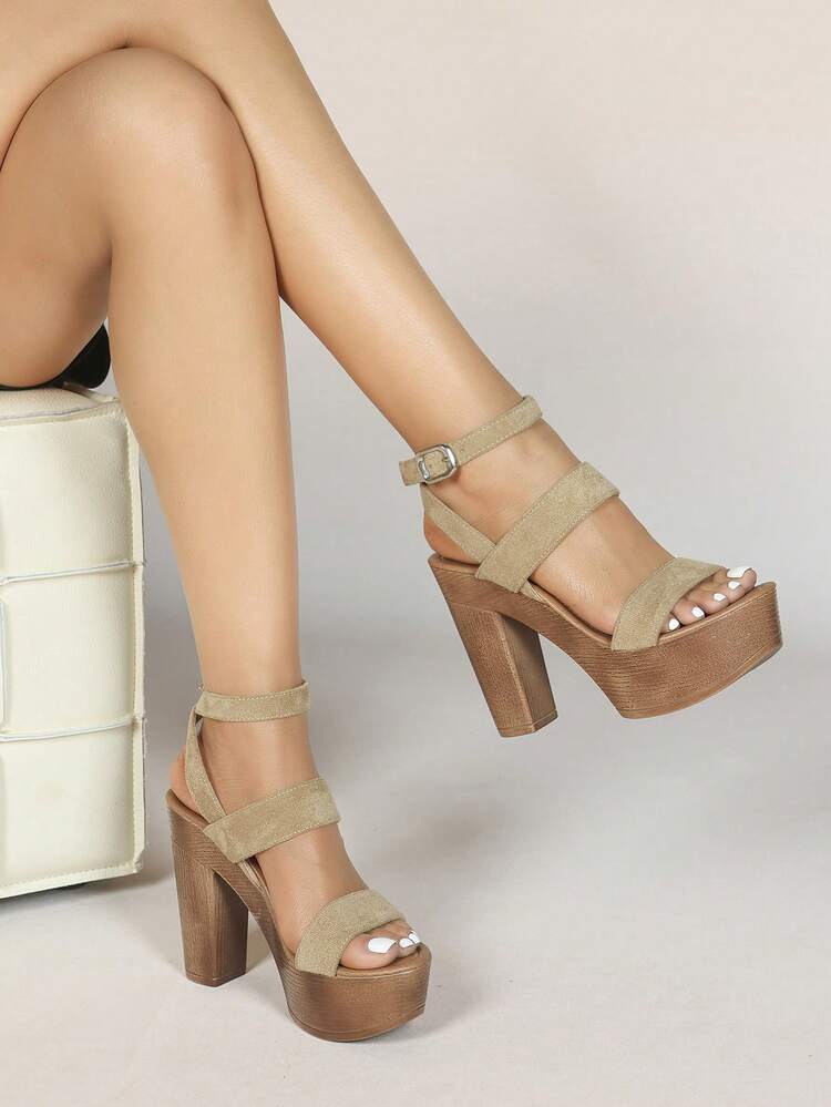 2026 Women's Summer New Fashion Sexy Strap Buckle Open Toe High Heel Sandals With Waterproof Platform And Thick Heel - Màu Khaki - Xem 1