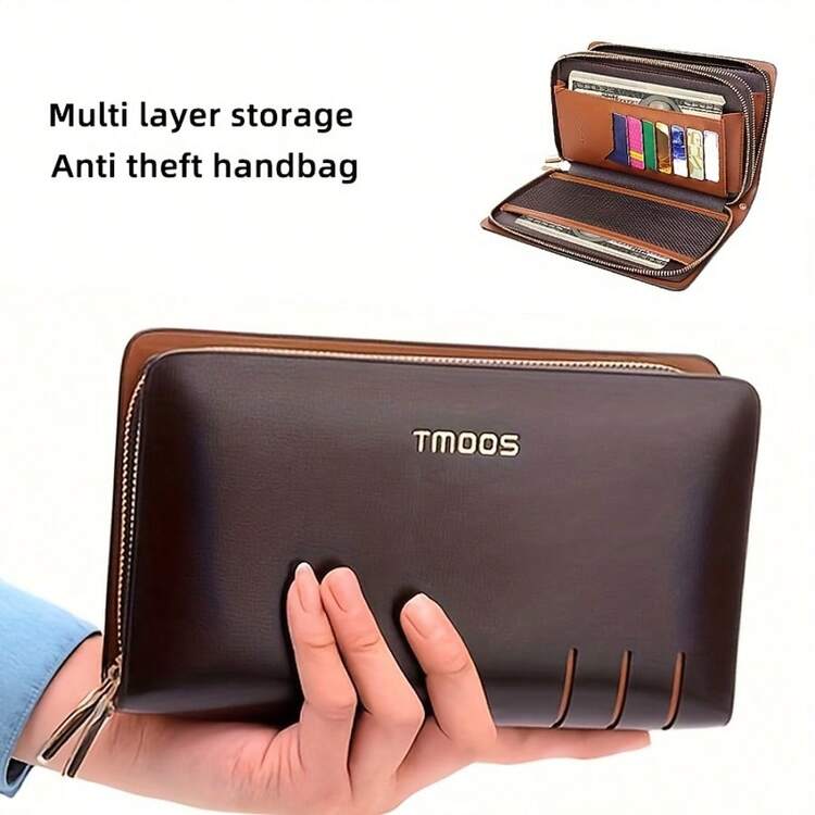 Dual Layer Zipper Clutch Bag, Large Capacity, Multi-Compartment, Fashion Design With Card & Cash Slots, Suitable For Business Travel And Gift - Brown - View 2