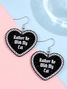 时尚创意设计独特精致小众闪亮字母“宁愿和我的猫在一起”黑色亮面链条蕾丝心形亚克力耳环，女士日常、派对、通勤、节日饰品 - 彩色 - 查看 1