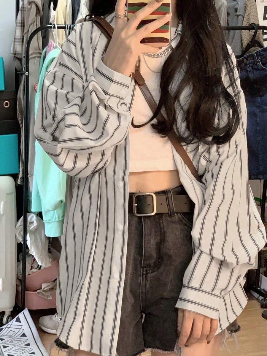 宽松口袋条纹长袖衬衫，百搭休闲上衣 - 杏色條紋 - 查看 1