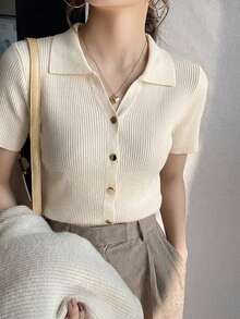 Camiseta de punto con cuello polo y mangas raglán cortas para mujer, ligera y versátil, ideal para primavera/verano - Albaricoque - Ver 5