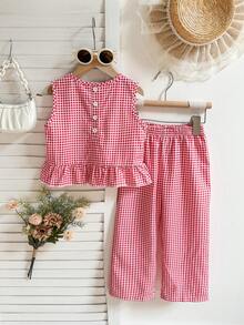 两件套女童夏季时尚优雅甜美红白格纹背心和配套格纹长裤套装，适合街头风、日常穿着和乡村风穿着。 - 紅色 - 查看 2