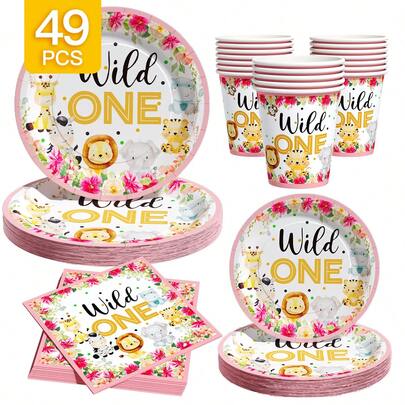 Pink Floral Animal 1st Birthday Party Disposable Plate, Napkin, Cup Set, Plates, Napkins And Cups Party Supplies, Serves 8 Guests, Disposable Paper Plates Party Tableware Suitable For Birthday, Wedding, Theme Party, Family Picnic