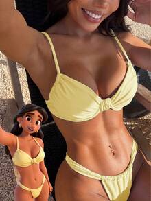 Traje de baño de mujer, bikini básico sexy en estilo rojo sexy y azul claro sólido, bañador retro para la playa para mujer, disfraz de fiesta de Navidad, regalo para ella, vacaciones de San Valentín de verano - Amarillo - Ver 2