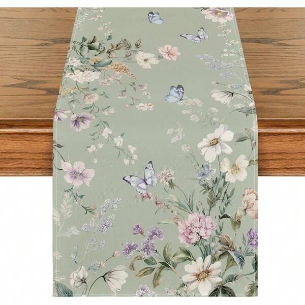 1PC Green Flower Wildflower Leaves Spring Table Runner, Seasonal Summer Kitchen Dining Table Decoration Home Party Decor 33cm X 183cm