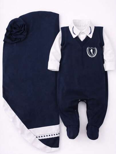 Maribaby Linens Saída Maternidade Bebê Menino Luxo 04 Peças Samuel Camisa Bordada Brasão