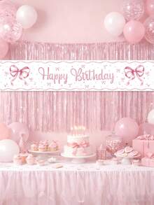 1pc Pink Bow Birthday Banner, Happy Birthday Hanging Banner, 200*40cm Polyester Background Banner, 1st Birthday Party Decoration, Baby Girl Party Supplies, Gender Reveal Party Decor, Pink Bow Background Cloth, Pink Birthday Decoration, Infant Party Supplies, Pink Bow Theme Birthday Party Decoration, Garden Yard Decor, Baby Shower Props, Pink Bow Decor, Nursery Decoration - Pink Bow - View 3