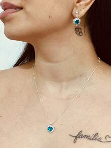 Venetian Chain Necklace And Heart Earring Set With Micro-Pave Cubic Zirconia Stones, Semi-Precious Jewelry Plated In 925 Silver. - 藍色 - 查看 6