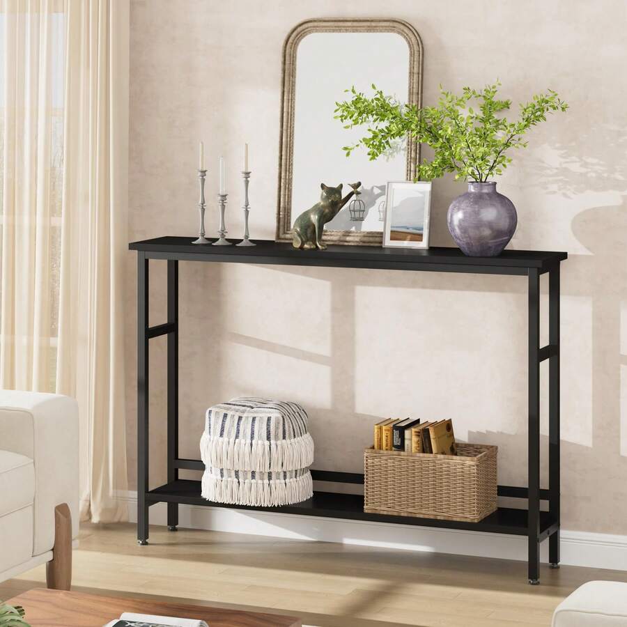 Mesa de Sofá Delgada 5.9 Pulgadas - Consola Estrecha de 2 Niveles con Estante Ajustable, para Sala, Entrada, Pasillo y Vestíbulo - Negro - Ver 1