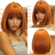 7JHH WIGS Short Orange Bob Wig For Women Short Straight Hair Wig With Bangs, Full Machine Synthetic Heat Resistant Wig For Daily Party Wear, Music Festivals Celebrations & Cosplay Decoration Wigs Accessory 12 Inch - Orange - View 2
