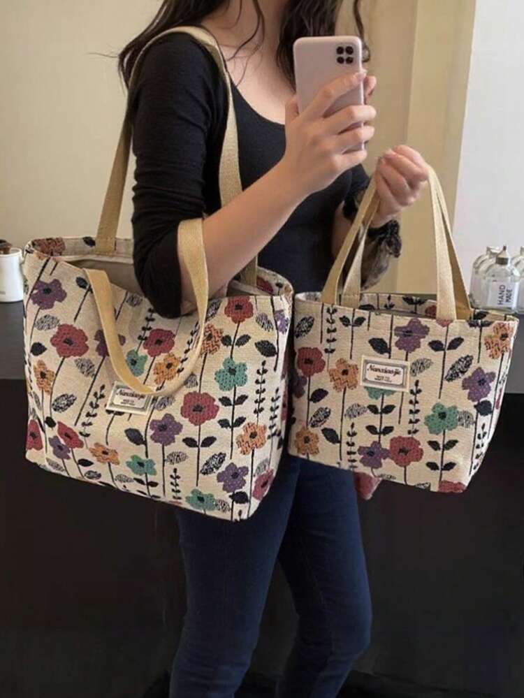时尚花卉图案大容量通勤手提包套装，包含一个大包和一个小包，图案相同，简约时尚，油画风格设计，适合大学生单肩背，宽敞的拉链旅行包，返校季必备，也适合通勤、购物和日常休闲使用，是送礼佳品，也适合旅行度假、情人节、生日、节日礼物。 - 彩色 - 查看 2