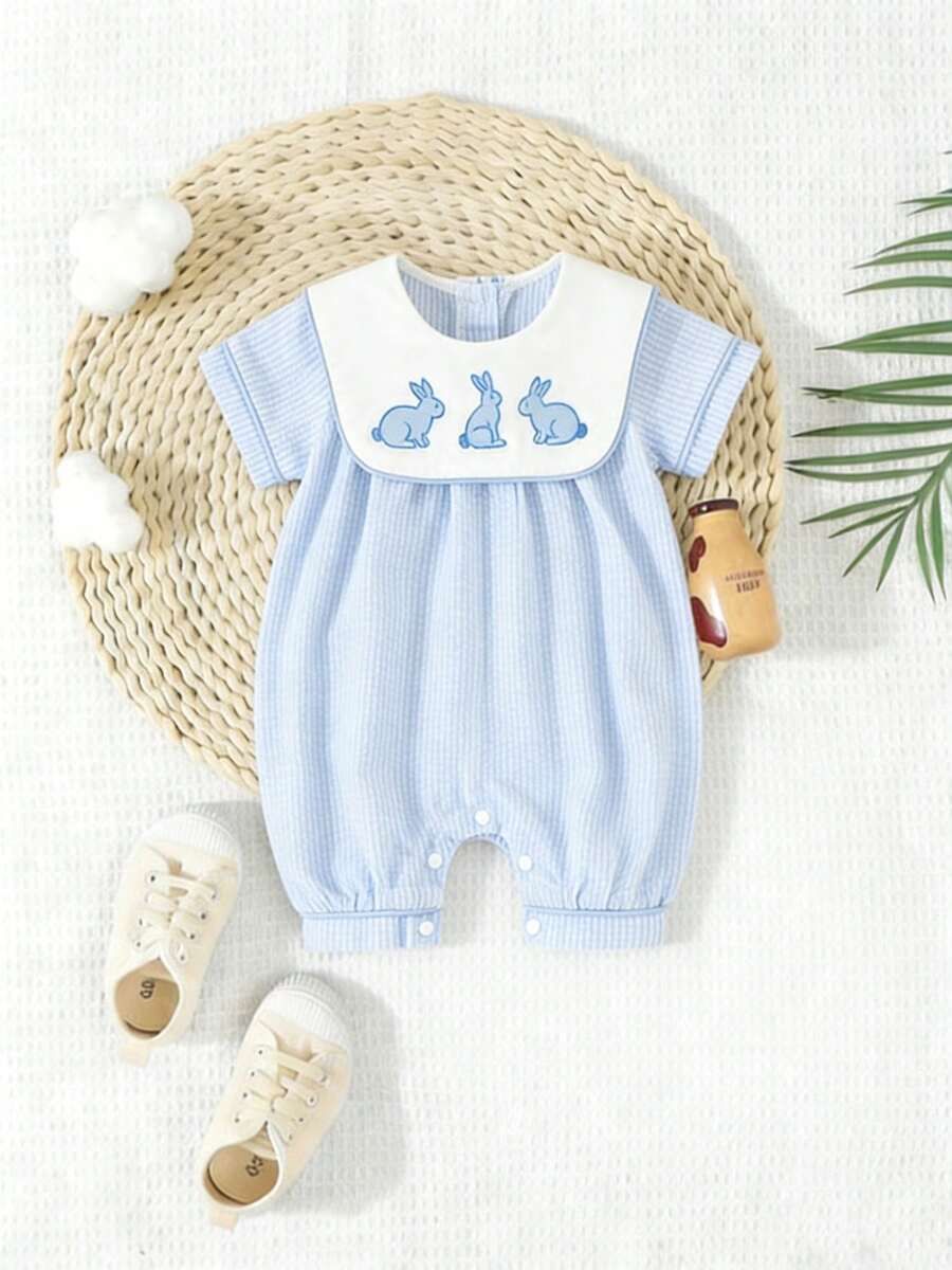 Baby Boy Easter Romper Short Sleeve Bunny Embroidery Sailor Collar Jumpsuit Newborn Playsuit - Màu xanh lam - Xem 1